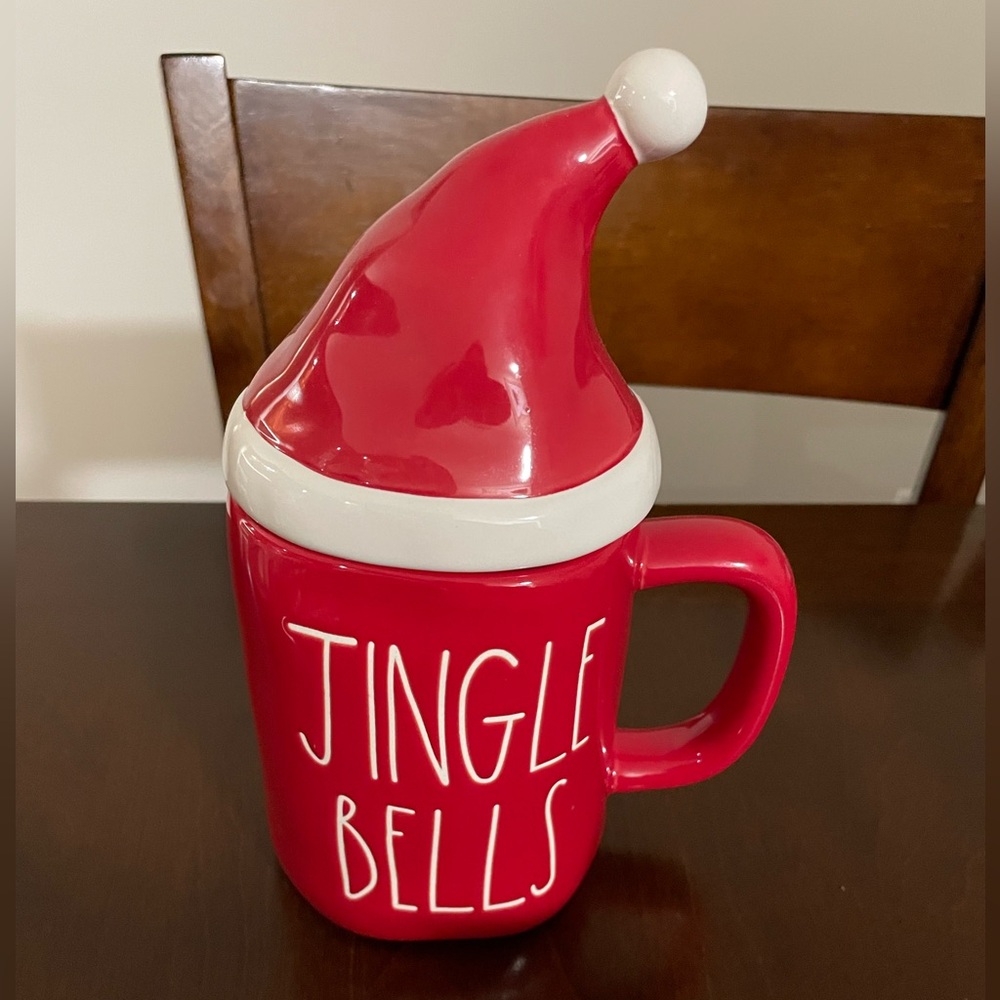 Rae Dunn Red Jingle Bells Mug with Santa Hat Lid